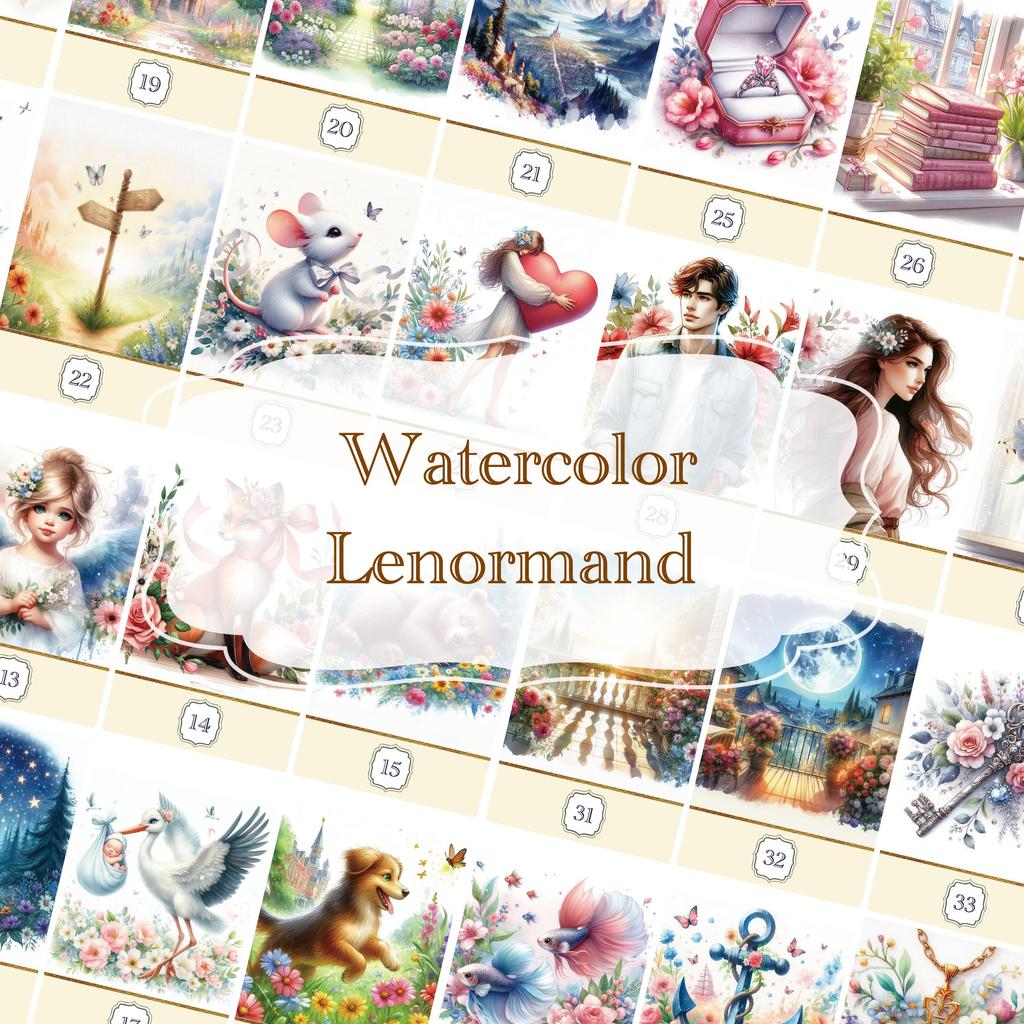 [Officially Imported, Limited Quantity] Watercolor Lenormand | Lenormand Cards, 36-Pack [Includes Drawstring Pouch] | 56 X 87mm Black Cardstock