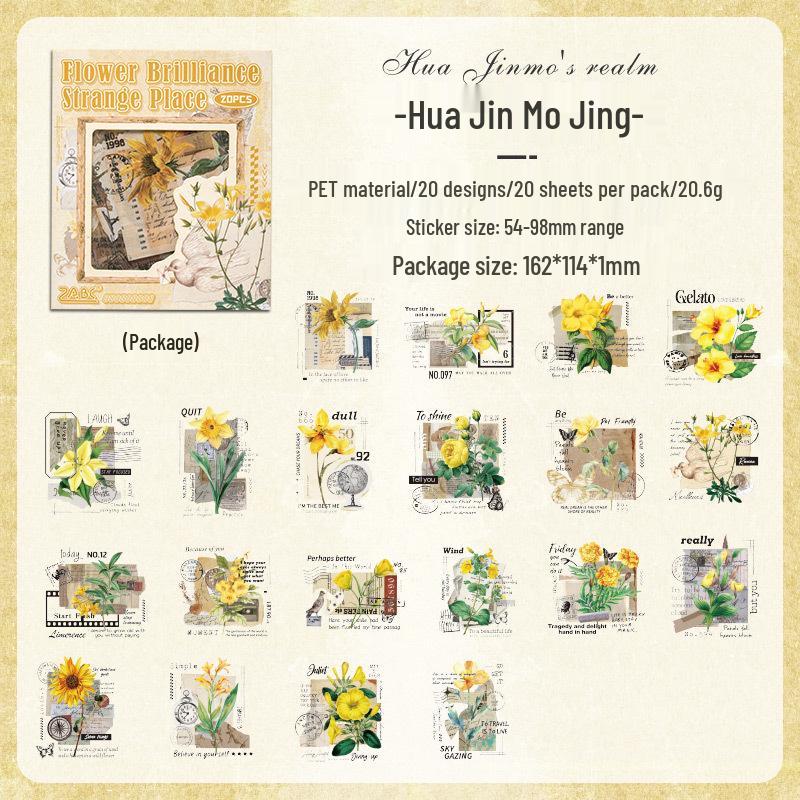 ZABC Cross PET Sticker Pack: First Encounter Floral Series - 20 Sheets, Light Retro Decor, 6 Styles.