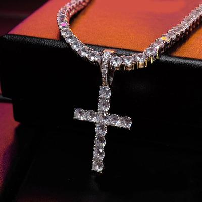 Mode Schlicht Bling Kreuz Schmuck Iced Out Zirkonia Diamant 18k Weißgold Plattiert Kreuz Anhänger Halskette Für Männer Frauen