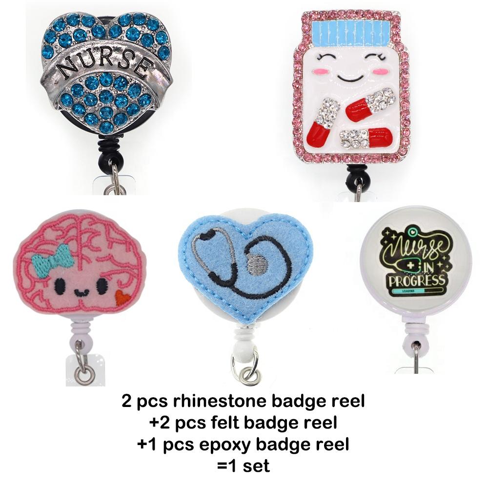 Custom Medical Nurse Accessories Rhinestone Felt Retractable Badge Reel With Alligator Clip Brooch Pins