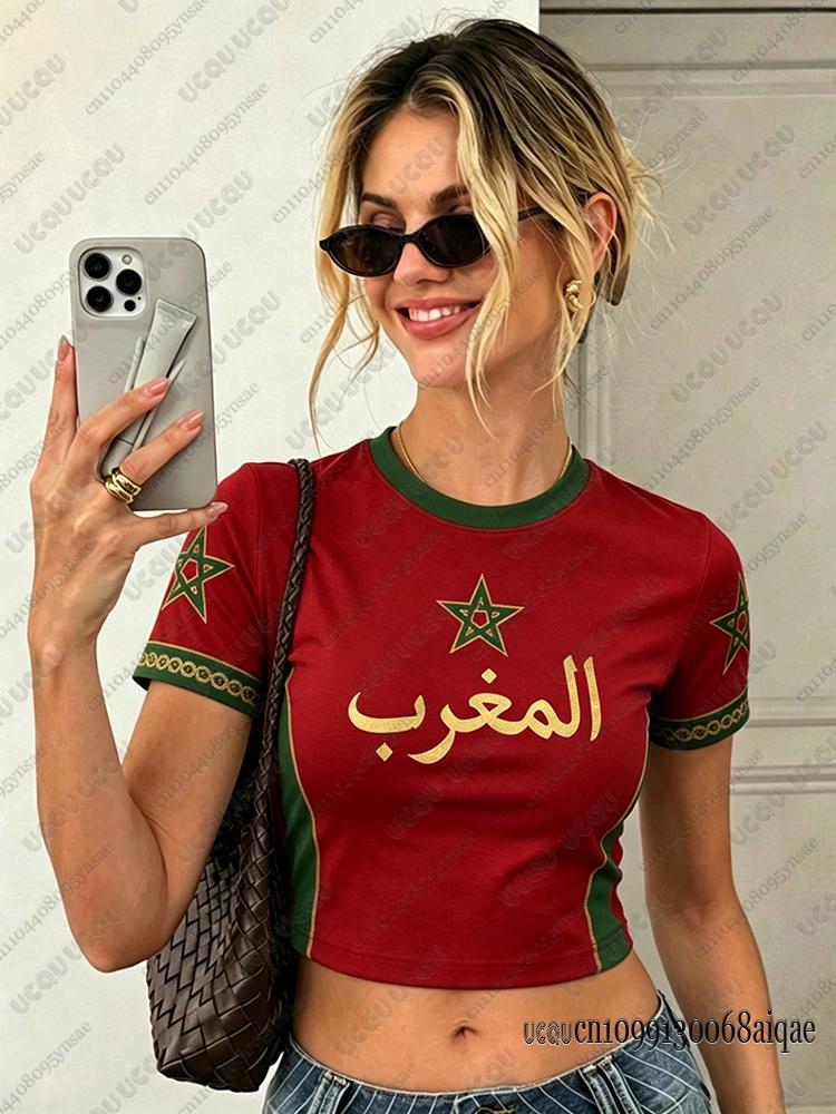 Letnie Nowe Vintage Print Marokański Damskie Krótkie Top O-Neck Patchwork Krótki Rękaw Sportowy Koszulka Piłkarska Y2K Maroko Street Top