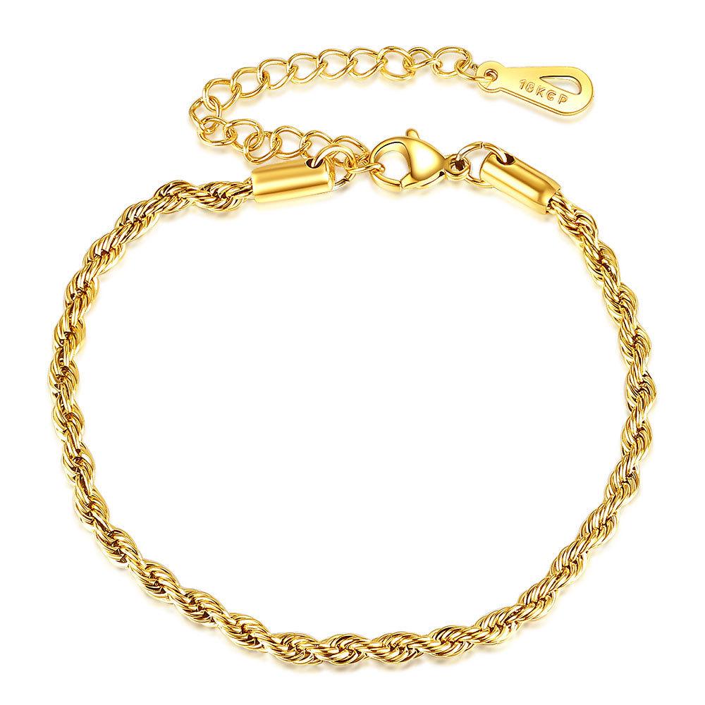 18K Gold 304 Stainless Steel Adjustable Twisted Chain Bracelet - Fashionable 3MM European & American Style.