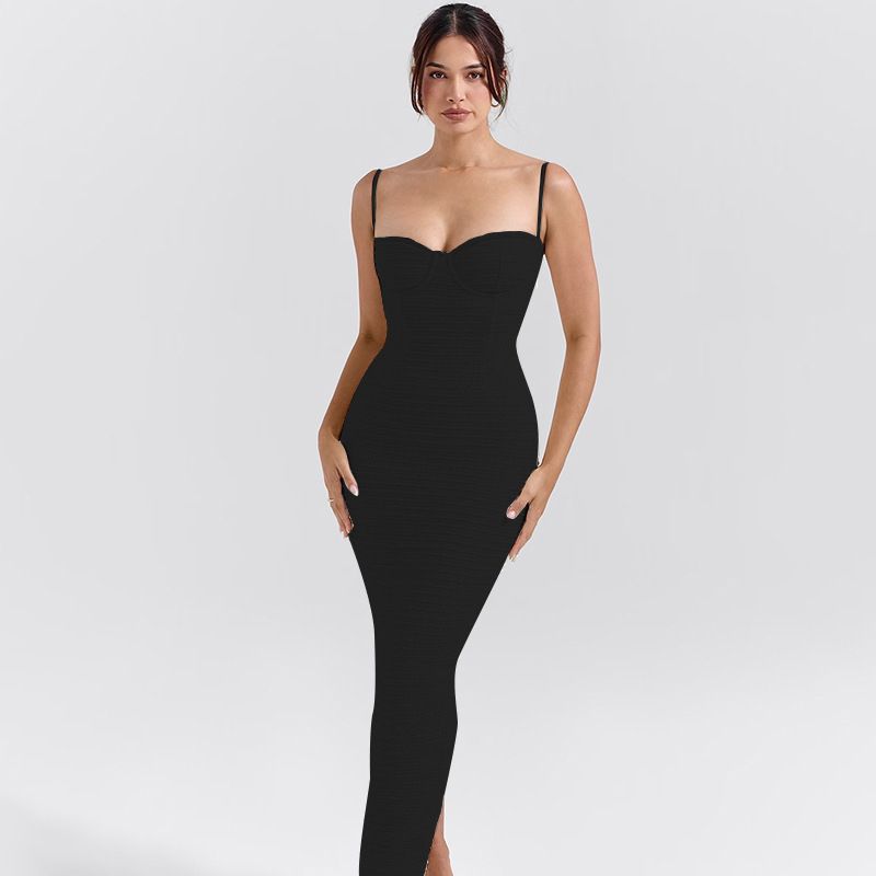 

Dress Fall 2024 New Long Dress Classic Style Elegant Texture Special Fabric Chest Split Dress Women Black L