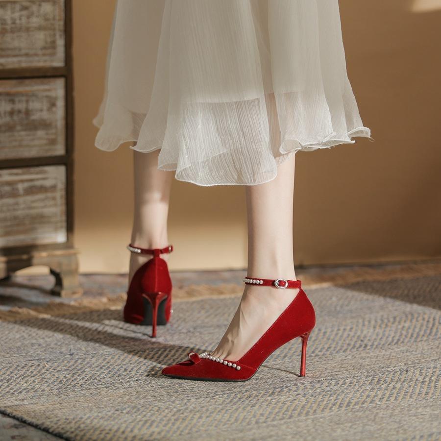 83112 High Heels Women's Thin Heels 2025 New Xiuhe Bridal Shoes Pointed Pearl Word with Wedding Single Shoes