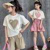 Girls' Summer Cotton Embroidered Short-Sleeve Two-Piece Set, Stylish T-shirt & Skort Outfit for Kids