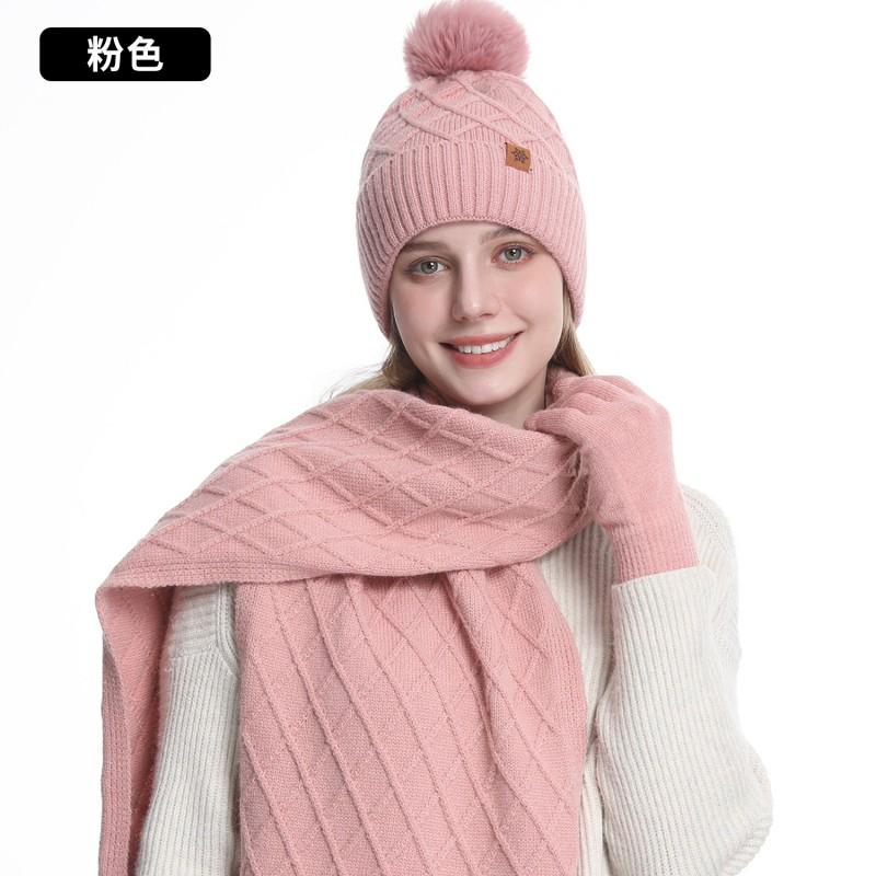 Women Winter Warm Knit Hat Scarf Gloves Set Alpaca Blend Double-Layer Fleece Lined Outdoor Cycling Ear Protection