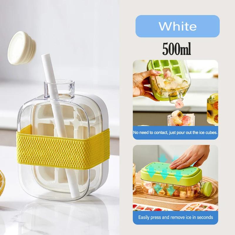 

2-in-1 Portable Ice Cube Maker Cold Water Bottle with Straw Silicone Ice Cube Tray Easy Press Demould Zero Contact Ice Cube Mold