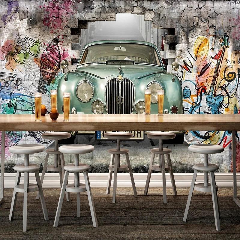 3d Wallpaper Retro Old Car Hand-Painted Graffiti Wall Mural Restaurant Cafe Bar Removable Home Decor