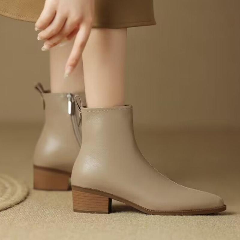 Fashion 2024 New Autumn/Winter Genuine Leather Women Shoes Pointed Toe Chunky Heel Boots for Women Fashion Short Boots Zapatos De Mujer