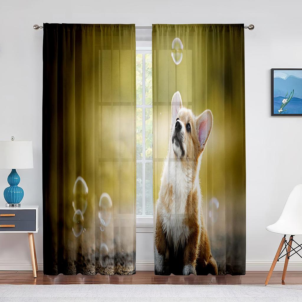 Corgi In The Flower Field Puppy Dog Sheer Curtains Window Treatment for Kitchen Living Room Bedroom Decor Modern Tulle Curtains