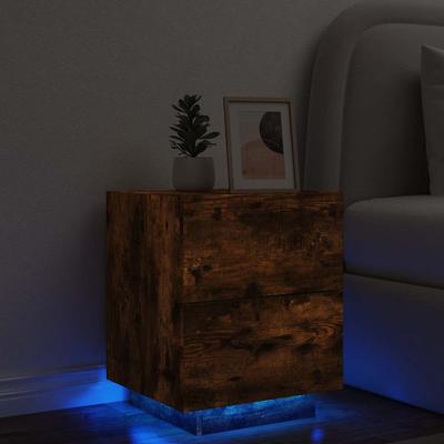 LED Nightstand, Smoked Oak, Wood-Based Material