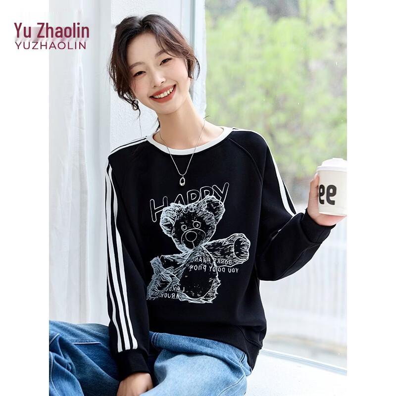 Yuzhaolin Women's Bear Print Striped Color Block Round Neck Sweatshirt