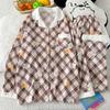 Sweet Casual Cloud Cotton Plaid Cartoon Puppy Pajamas Long Sleeves Trousers Set