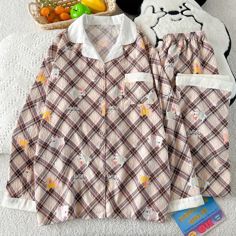 Sweet Casual Cloud Cotton Plaid Cartoon Puppy Pajamas Long Sleeves Trousers Set