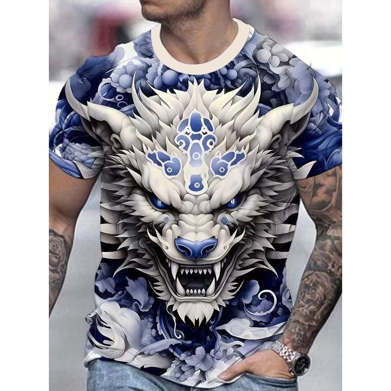 Men's 3D Digital Print Dragon Graphic T-Shirt Casual Short Sleeve Summer Round Neck Tshirts Regular Fit Oversized T Shirt Top