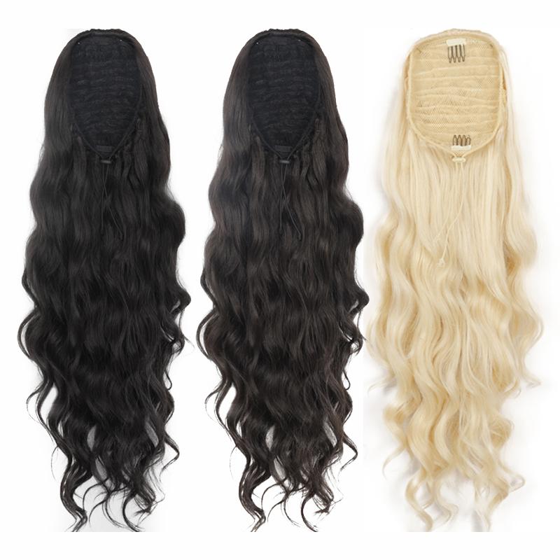 MERISIHAIR Extensie de coadă de cal lungă ondulată pentru corp Cozi de cal cu șnur sintetic Extensii de păr cu clips pentru femei coadă de cal blond negru