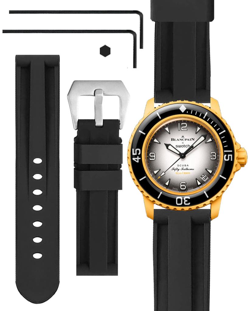 Ocdin 22mm Watch Band for Blancpain X Swatch, Silicone Replacement Strap with Hex Wrench, Bioceramic, Compatible with SCUBA Fifty Fathoms (Black)