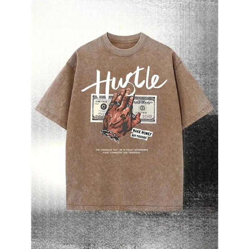 Men'S Relaxed Fit Short Sleeve Tee Made from Washed Pure, Featuring a Hip-Hop 'Hustle' Money Hand Design. This Trendy And Edgy Gift for Holidays