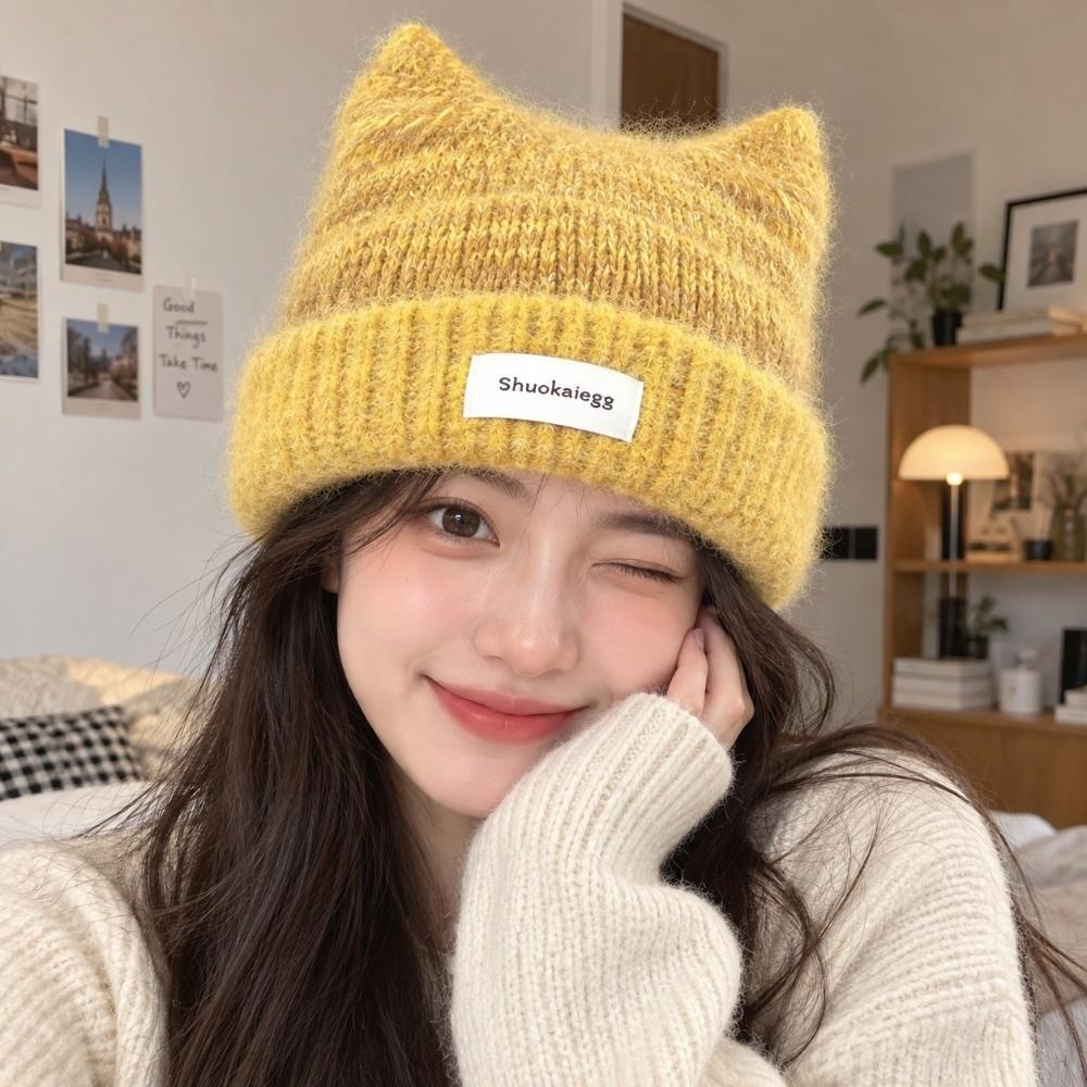Windproof Knitted Beanie Warm Winter Cap Cute Cat Ear Hat Cold Weather