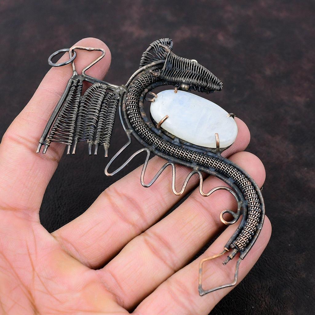 Rainbow Moonstone Pendant Copper Wire Wrapped Pendant Gemstone Jewelry Handmade Pendant Dragon Pendant Beautiful Copper Jewelry Gift For Him