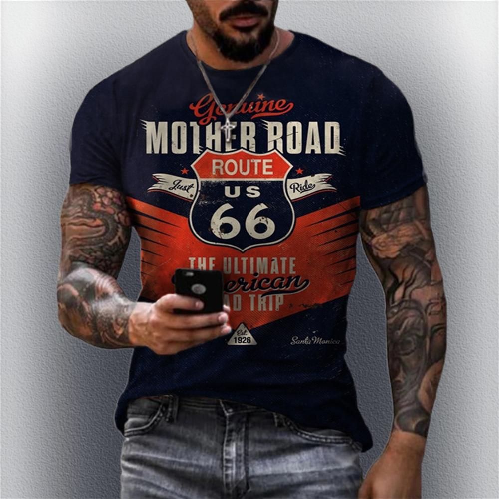 Horký výprodej Letní pánské oblečení Pánské oversized krátkorukávové tričko Pánské 3D tištěné Klasický retro krátkorukávový top Tričko Route 66