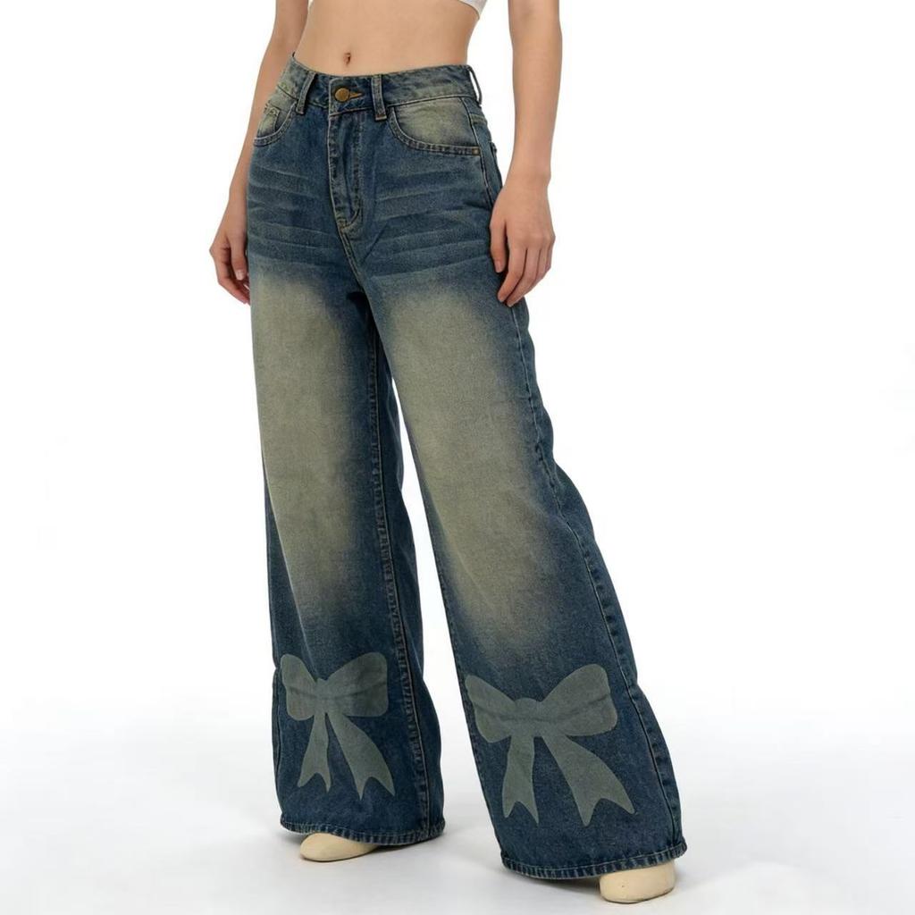 Damen Mid-Stretch Jeans Mode Straight Leg Denimhosen mit Taschen