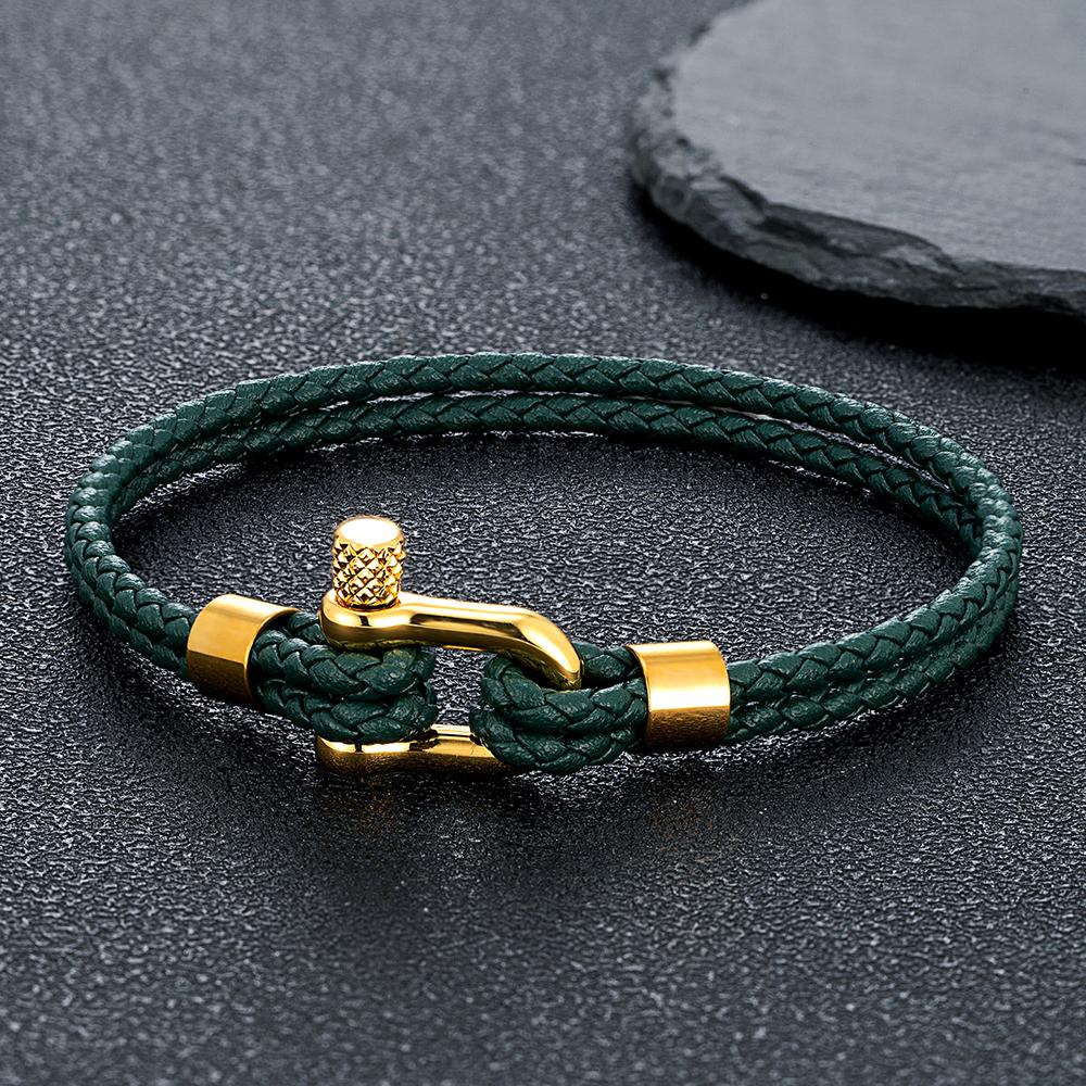 Gold Plated Stainless Steel Shackle Bracelet Men Women Simple Double Layer Braided Blue Leather Bracelets Handmade Gifts