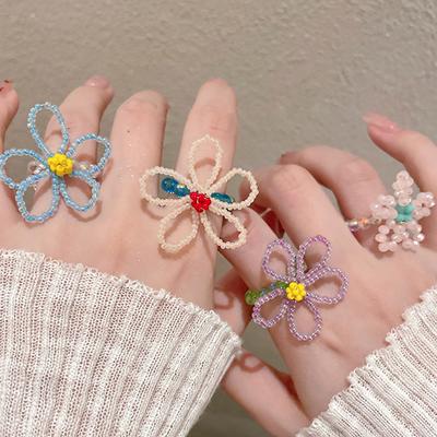 Glass Beads Handmade Beaded Flower Ring Sweet Small Fresh Fashion Ring Niche Simple Design Sense Jewelry Women