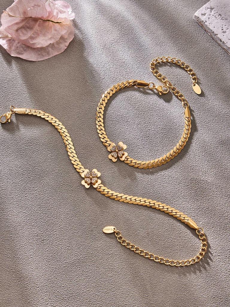 Stylish European & American Double Layer Zirconia Flower Necklace & Stainless Steel Bracelet Jewelry Set for Women