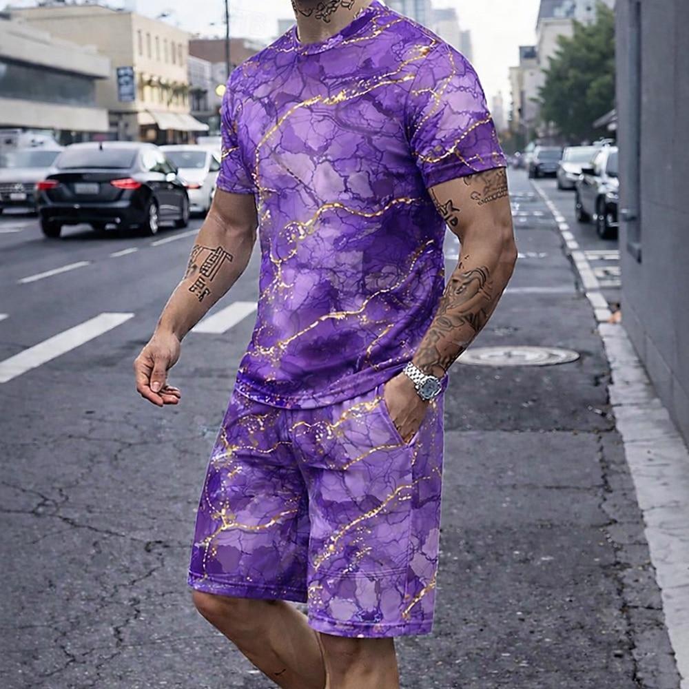 Men's Marble 2pcs Tees sets Summer Tops ShortNeck Sport Casual Trendy Outdoor Vacation Going out 3D Print Summer Blue Purple Green