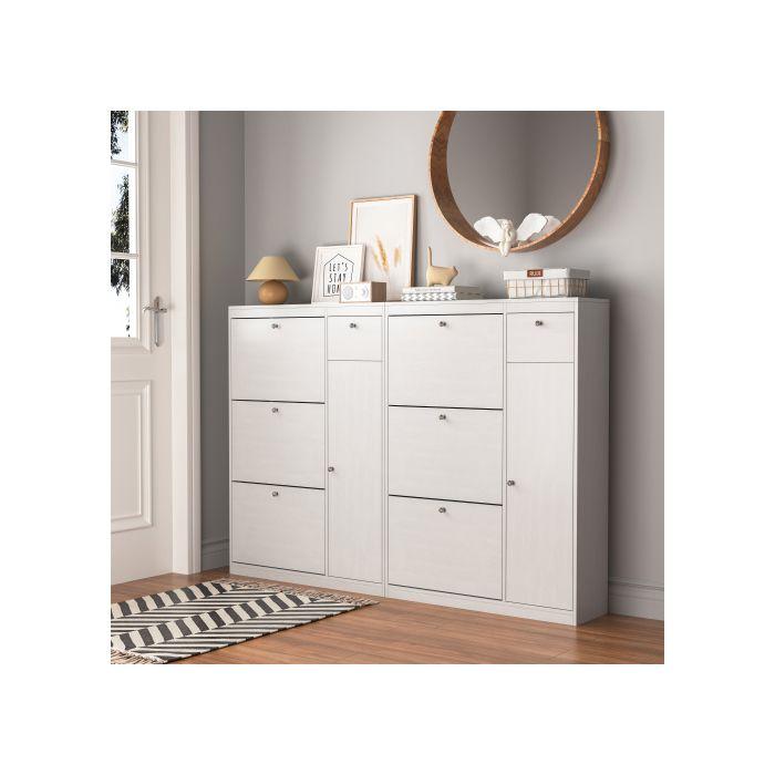 Meuble À Chaussures, Étagère À Chaussures Indépendante Avec Fonction Rabattable Et Trois Tiroirs Pliables.