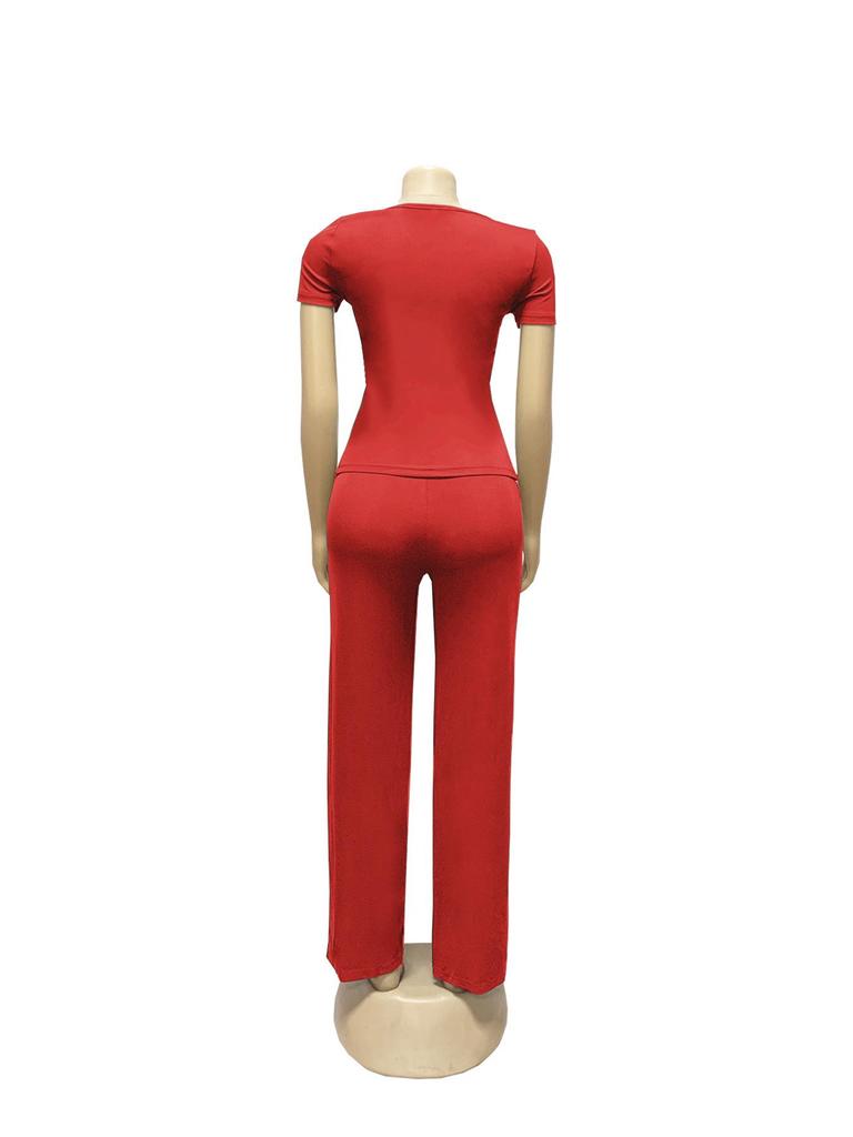 TW730 Summer Fashion Solid Color Square Neck Top & High Waist Wide Leg Pants Set