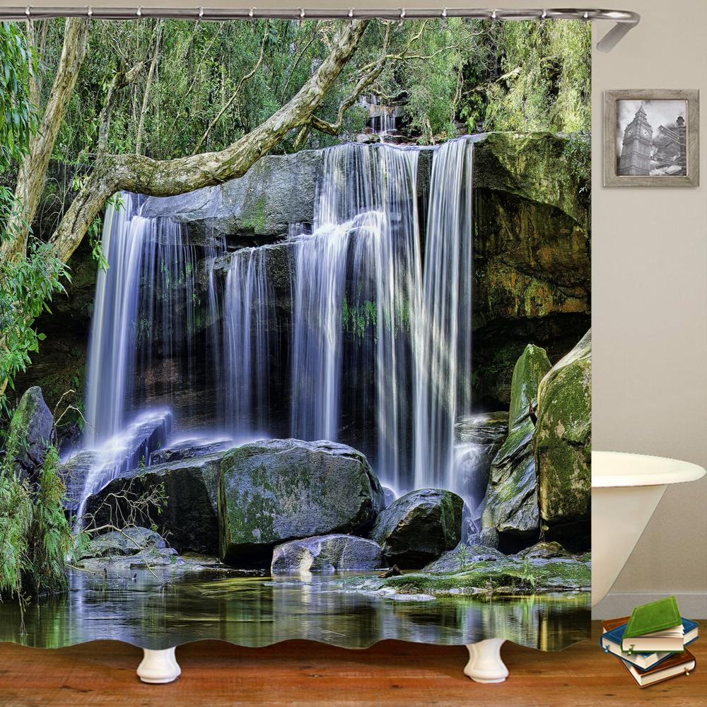 3D Shower Curtain Nature Forest Waterfall Landscape Bathroom Curtains Waterproof Fabric With Hooks Home Decoration Bath Curtain