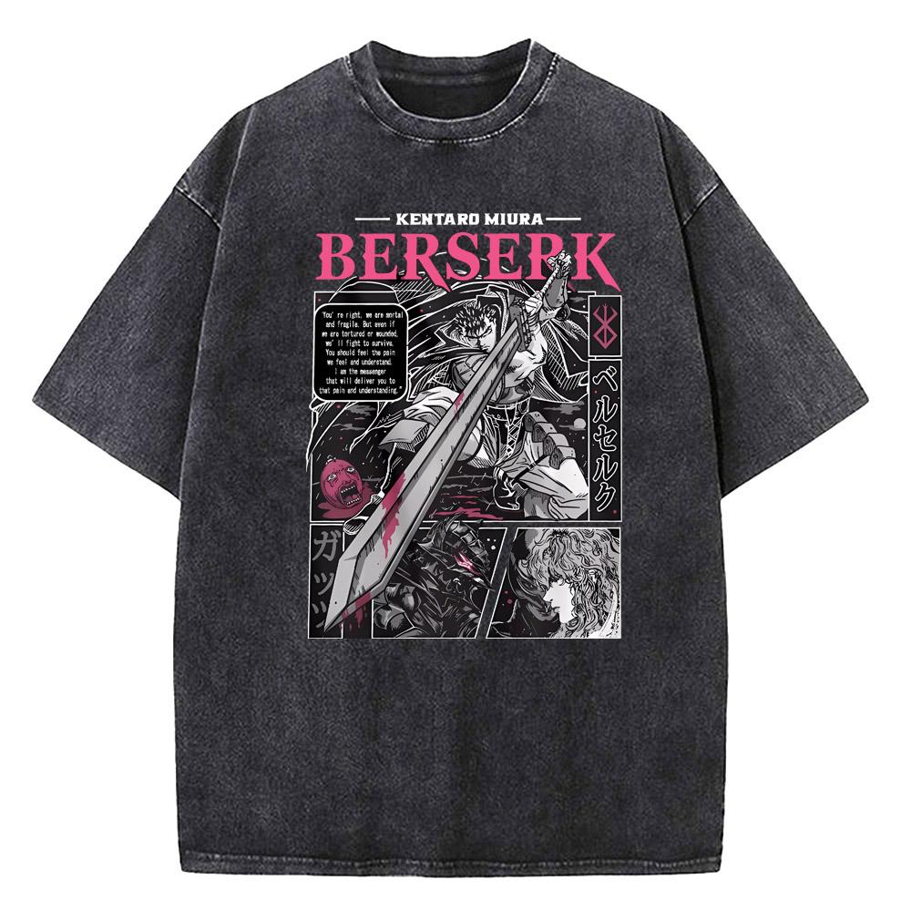 Anime Berserk Guts Graphic Printed Tee Men Women Vintage Washed Casual Tshirts High Quality Cotton T Shirt Harajuku Male Tshirt