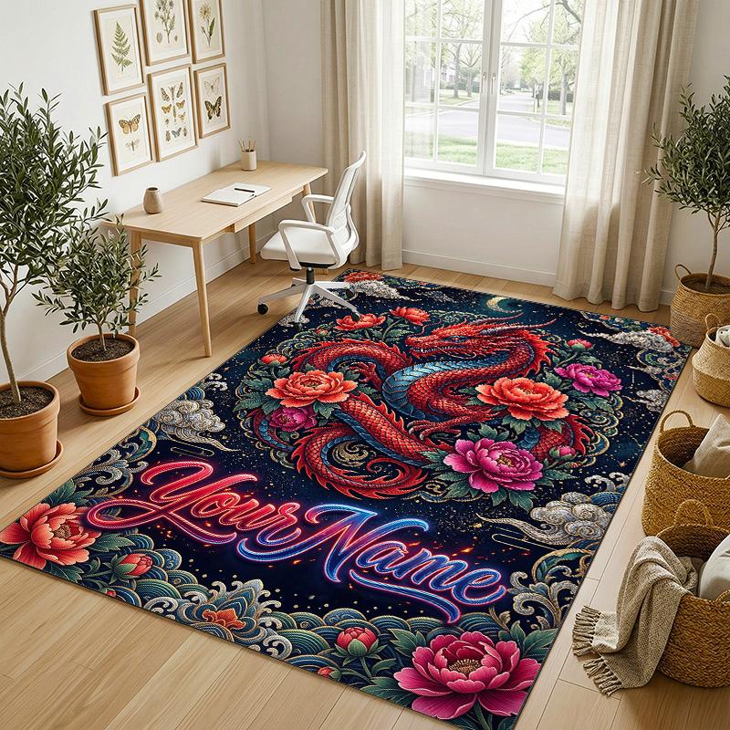 Dragon Phoenix Theme Crystal Velvet Rug Personalized Custom Name Text Soft Floor Mat Home Decor