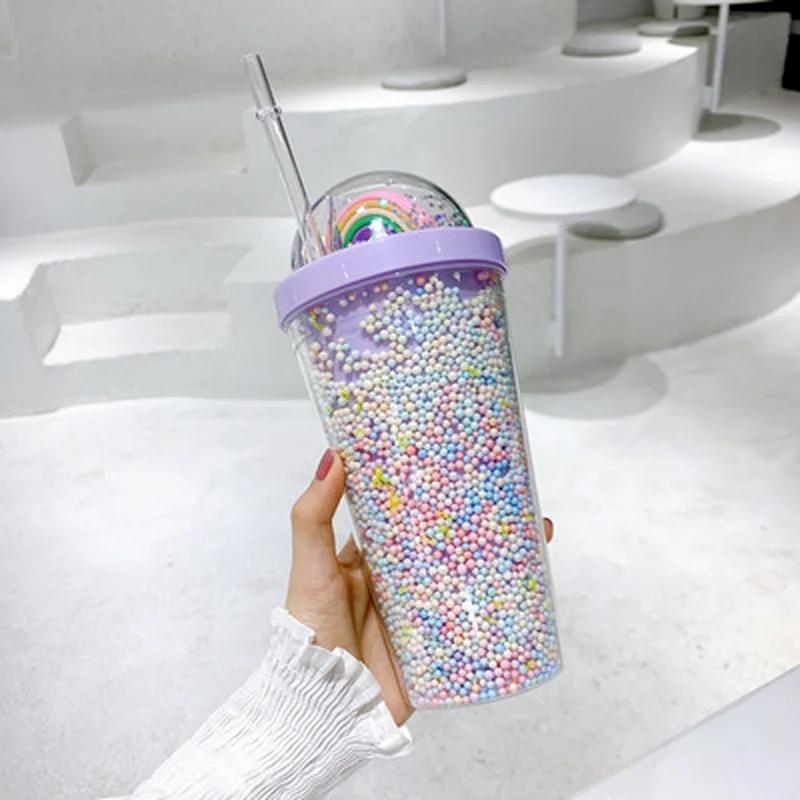 Bottiglia d'Acqua in Plastica Arcobaleno a Doppio Strato con Cannuccia Stile Coreano Tazza Dolce Creativa per Latte Caffè Tazza da Tè Bottiglie d'Acqua