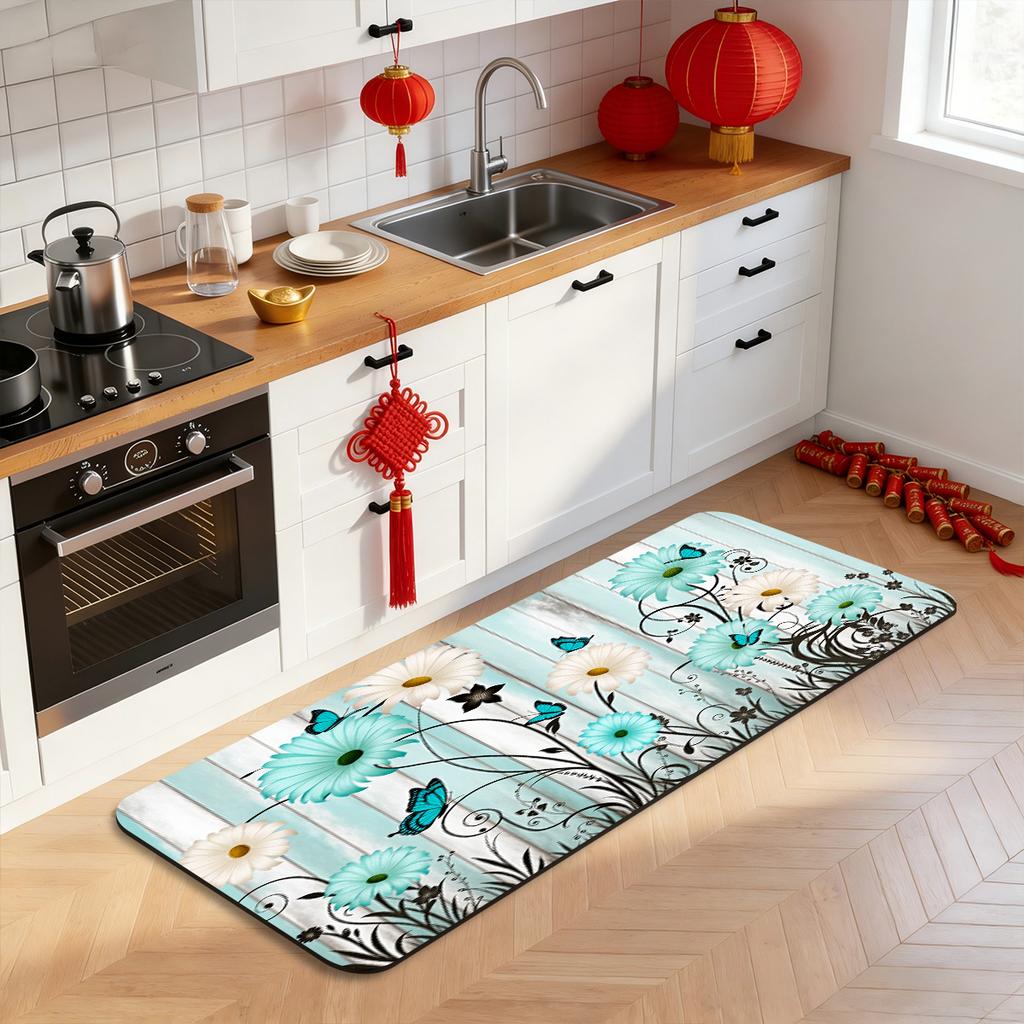 Rustic Daisies Butterflies Wooden Floor Mat, Farmhouse Floral Non-Slip Rug, Washable Mother's Day Decor Gift