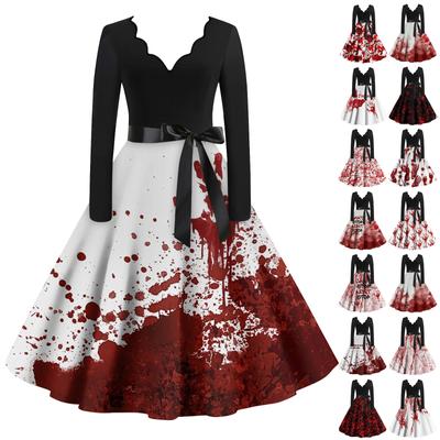 Women's Casual Fashion Long Sleeve  Halloween Graphic Printed Vintage Long Dresses