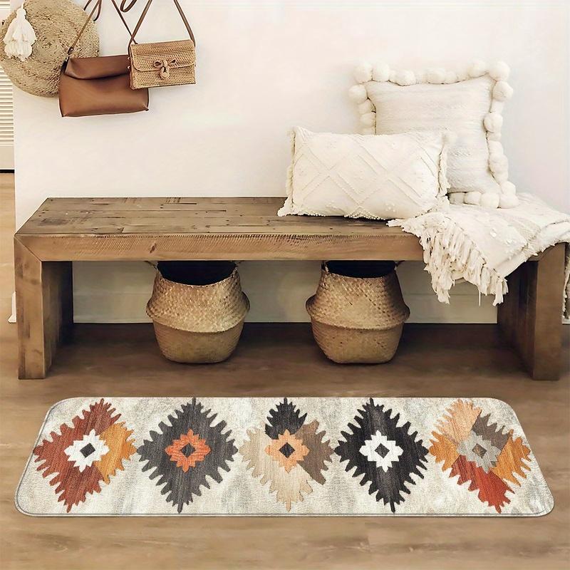 Boho Kitchen Rug Non-Slip Washable Diamond Pattern Soft Cushion Floor Carpet for Bedroom Entryway Home