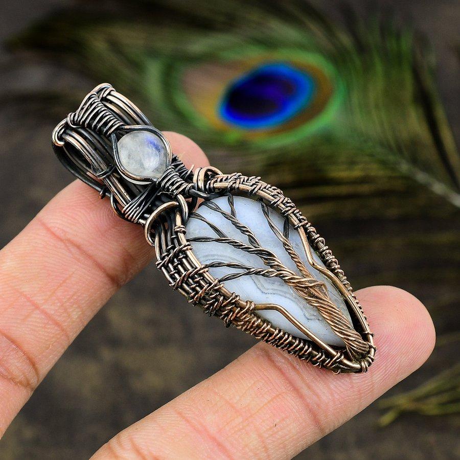 Blue Lace Agate, Moonstone Gemstone Copper Wire Wrap Jewelry Pendant 2.76"