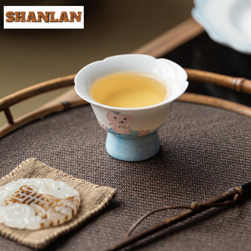 45ml Hand-painted Rabbit High Foot Teacup Traditional Tea Bowl Jug Tea-tasting Personal Cup Chazhan Master Cups Household Cha
