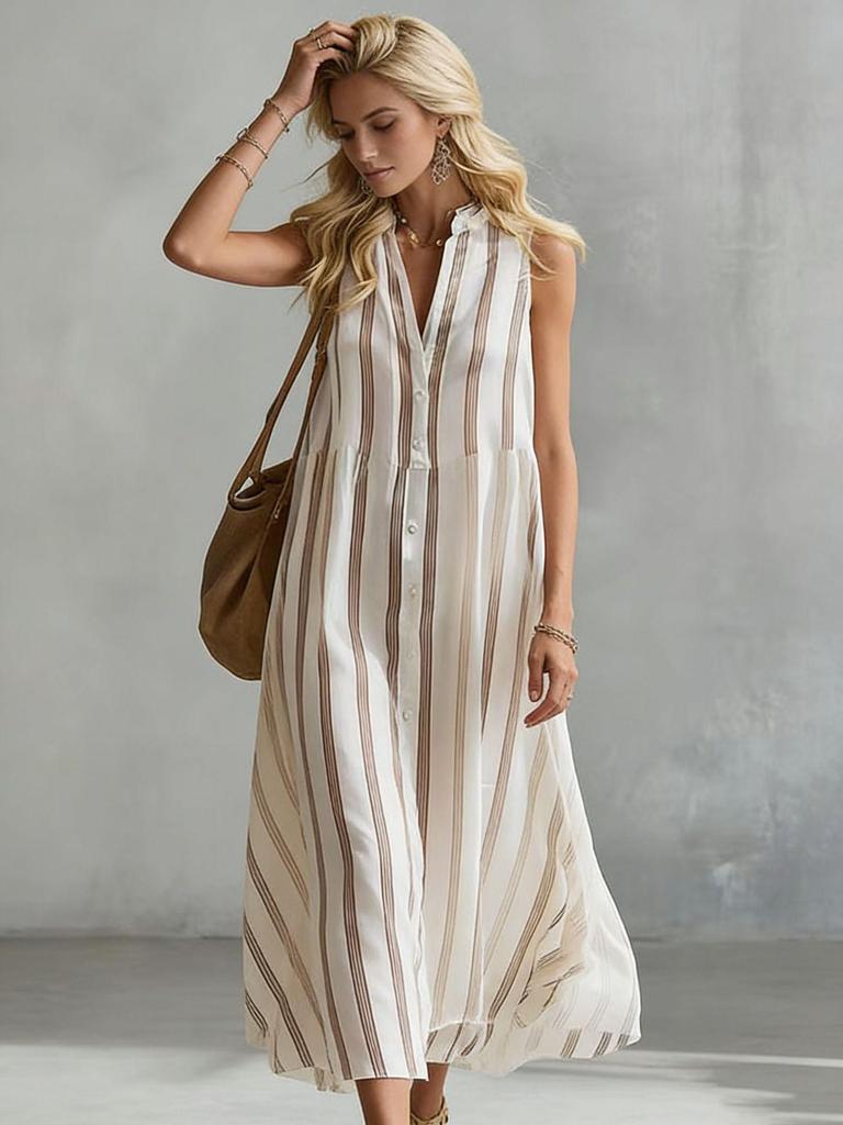 Bohemian Striped Sleeveless V-Neck Button Long Dress Adjustable 