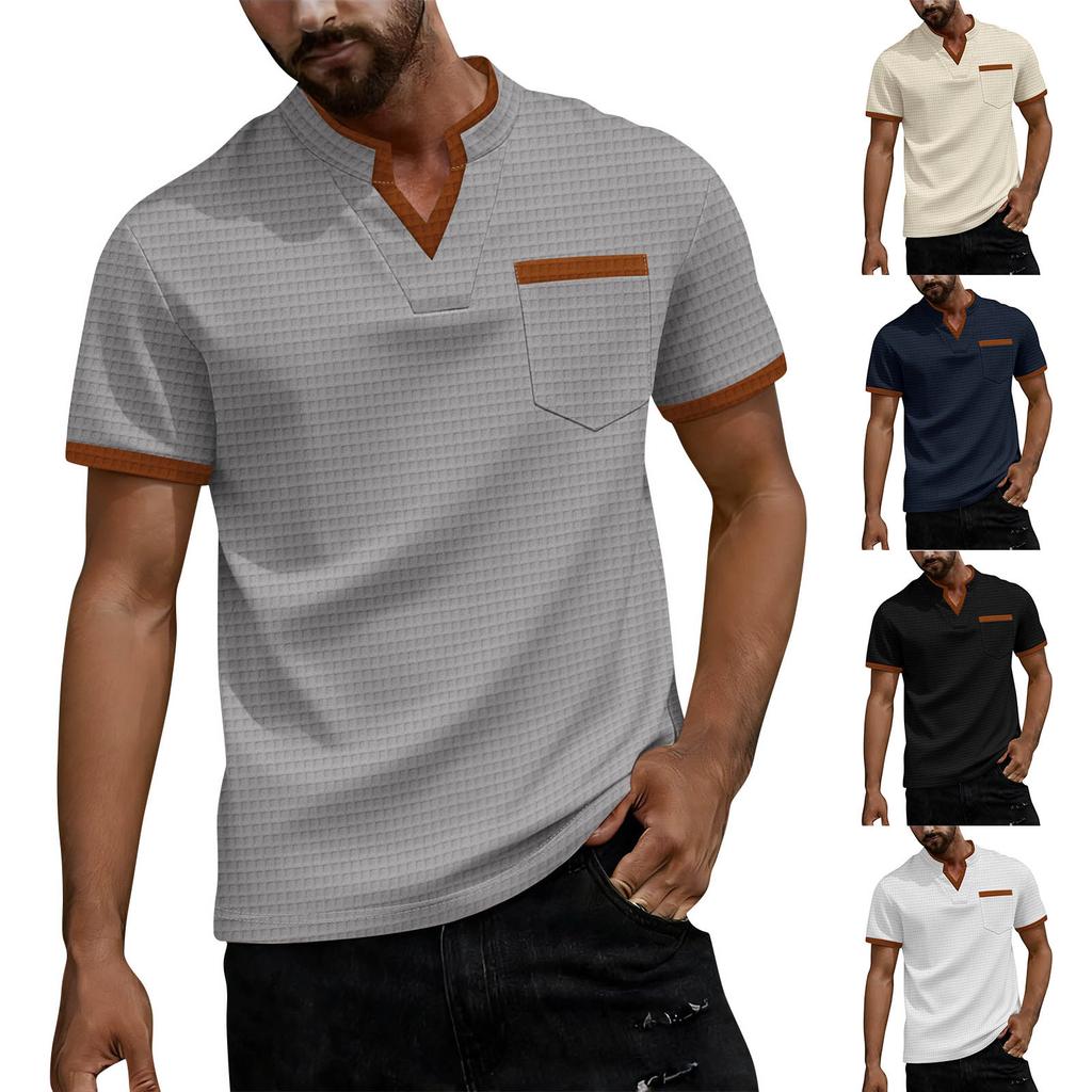 Men's Color Blocked V-neck Single Breasted Shirt Men's Casual And Comfortable Short Sleeved Shirt