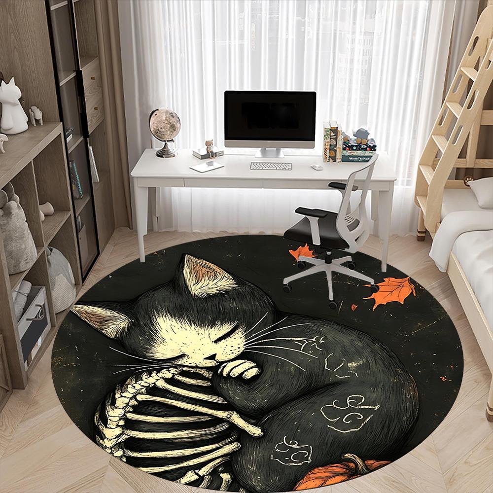 1pc Cat Skeleton Office Round Area Rug, Under Office Chairs Bedroom Living Room Home Decor, Room Deco, Available in Various Sizes 158