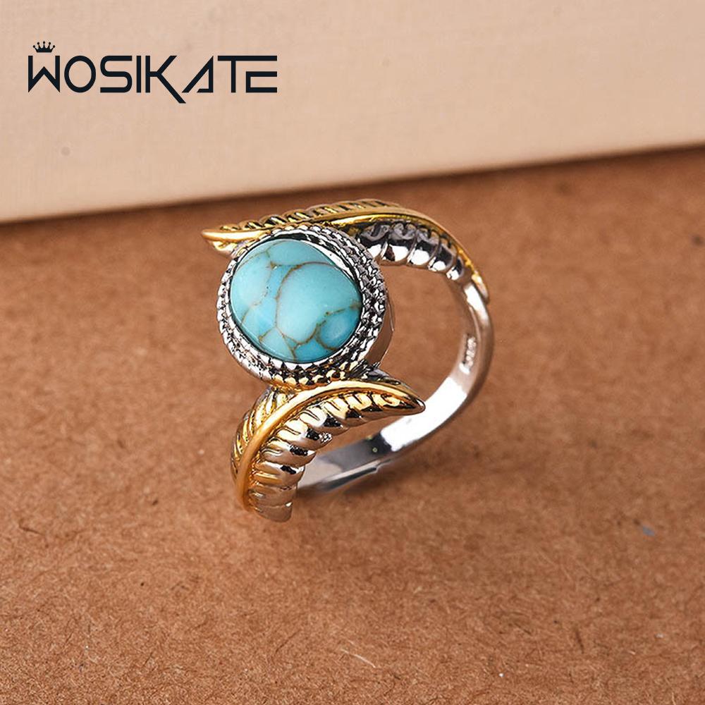 WOSIKATE Vintage Turquoise Feather Ring For Women CopperSeparate Color Gold Plated Party Ring Fashion Jewelry