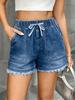 Women's Elastic Drawstring Mid Rise Straight Denim Shorts Non Stretch Frayed Hem Washed Casual Bermuda Shorts