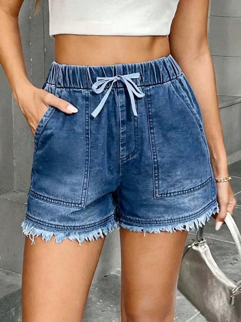 Women's Elastic Drawstring Mid Rise Straight Denim Shorts Non Stretch Frayed Hem Washed Casual Bermuda Shorts