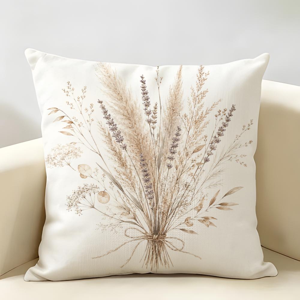 Boho Neutral Pressed Wildflower Cushion Cover Natural Linen Fabric Double-Sided Printing Breathable Perfect For Home Decor