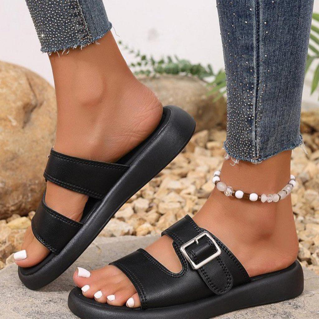 Women's Open Toe Casual Flat Slide Sandals Adjustable Buckle Thick Sole Summer Slip On Comfort Footwear