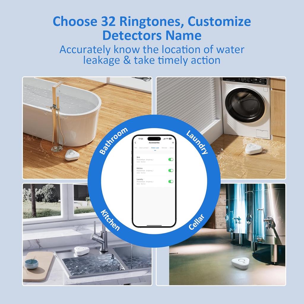 Smart Water Leak Detectors for Home WiFi with App Alerts, Stechro Ajustable 120dB Water Sensor Alarm Leak Detector for Basements Sink Kitchen